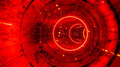 4K seamless loop motion graphics of flying into swirl circle red digital tunnel with moving particles. 3D render animation. Sci-fi, VFX, Hadron Collider motion background