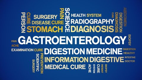 Gastroenterology animated tag word cloud,text design animation kinetic typography seamless loop. 