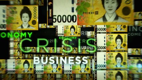 South Korea Won money loop 3d animation. Camera flying between KRW banknotes. Finance, economy, crisis, business success, recession, debt and tax seamless looped concept.