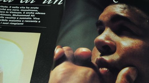 Rome, Italy - December 25, 2021, detail of an article dedicated to Muhammad Ali, born Cassius Marcellus Clay Jr., in the now out of print monthly magazine King, of October, 1989.