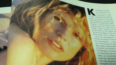 Rome, Italy - December 25, 2021, detail of an article in King magazine, October 1989, about Kimila Ann "Kim" Basinger, American actress and former model, actress, sex symbol of the eighties.