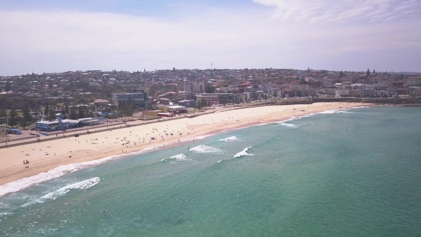 Beautiful long static aerial drone shot over Maroubra Beach Sydney, New South Wales, Australia
