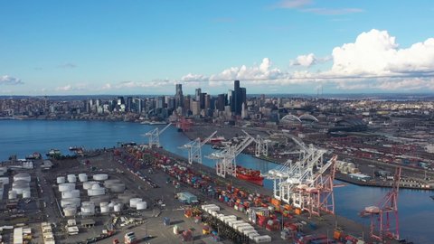 Aerial view of Seattle's shipping port on a slow day.