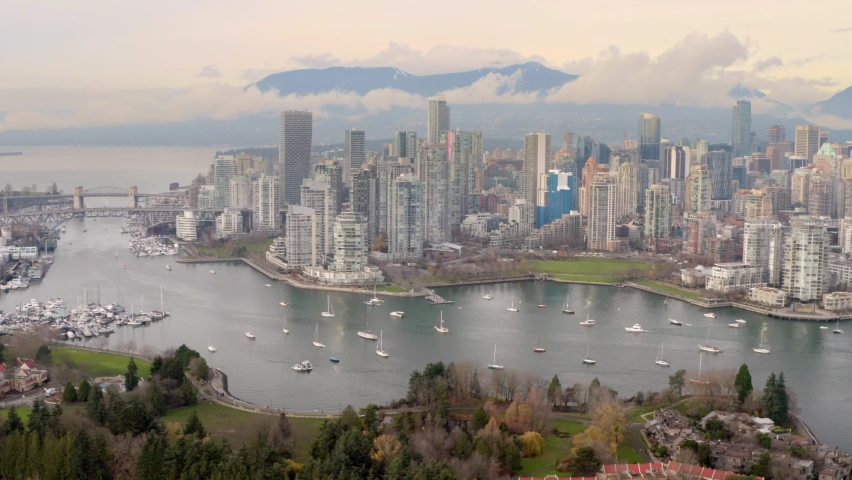 Scenic Sunrise and Cityscape in Yaletown, Vancouver, Canada - aerial shot