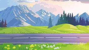 Racing Cartoon Cars 2D Animation video with beautiful Scenic View of Mountains. 2D Animation of Kids Cartoon Cars with Mountains in Background.