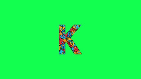 Letter K. Animated unique font made of circles and triangles, polygons. Bauhaus geometric mosaic style. Bright colors. Letter K for icons, logos, interface elements. Green chromakey background, 4K
