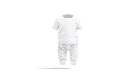 Blank white baby suit with t-shirt and pants mockup, looped rotation, 3d rendering. Empty textile tshirt and breeches for kid mock up, isolated on white background. Clear turning bodysuit template.