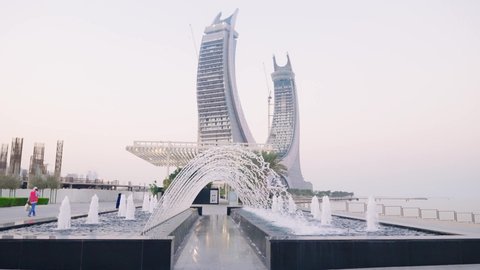 Doha, Qatar- november 2021 Lusail promenade Marina fountain in Doha Qatar
