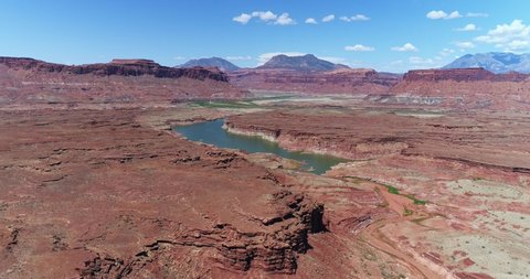 Northern Lake Powell during the summer drought near Hite, Utah, aerial drone shot