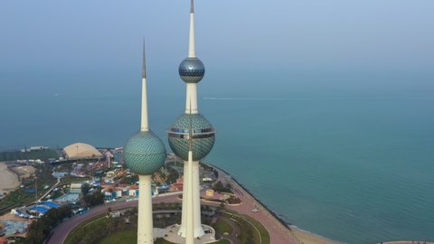 Kuwait City, Kuwait - February 24, 2020: Aerial view of Kuwait Towers on sunrise.