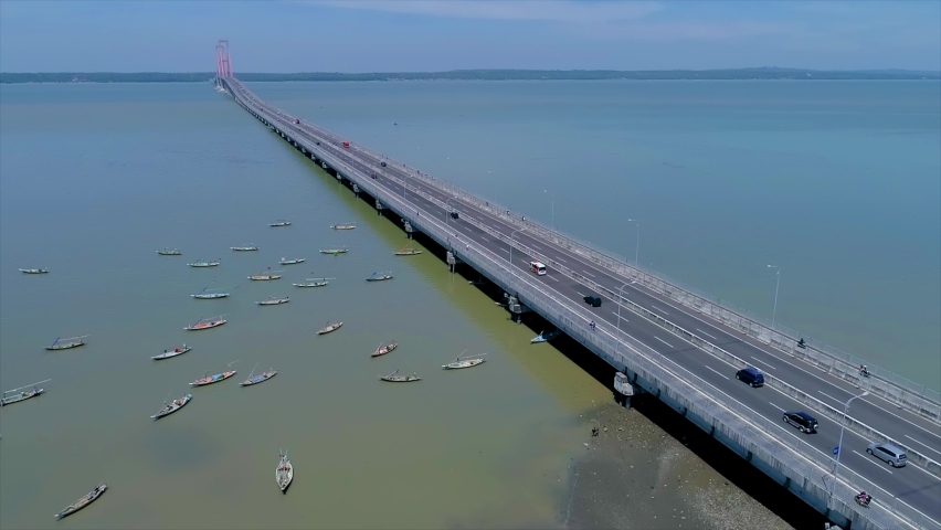 Established Aerial View of Suramadu Bridge is the Longest Cable-Stayed Bridge in Indonesia which stretches between Surabaya and Bangkalan City