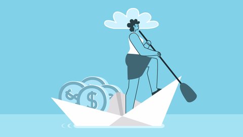 Cartoon woman sailing on paper boat filled with dollar coins. Flat Design 2d Character Loop Animation with Alpha Channel