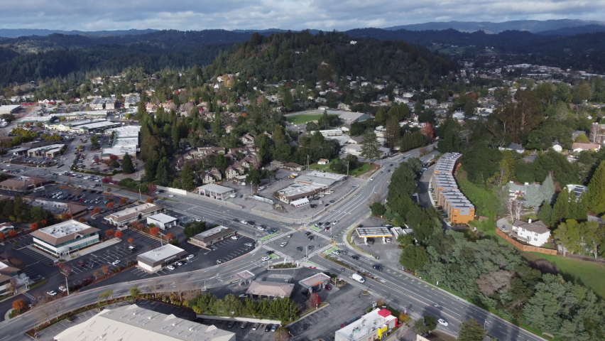 Scotts Valley Ca, December 2021. A day time aerial of a busy intersection in a small rural town in north California. 