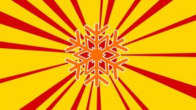 Snowflake symbol on the background of animation from moving rays of the sun. Large orange symbol increases slightly. Seamless looped 4k animation on yellow background