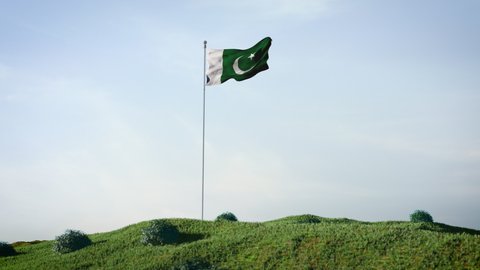 Pakistan, Pakistani flag waving in the wind on a beautiful landscape. Blue sky. 4K HD. Stunning image.