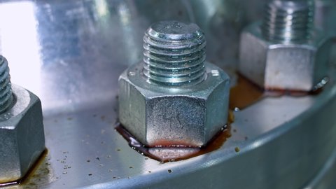 Closeup Bolted Joint Oil Leak Industrial Stock Footage Video (100% ...