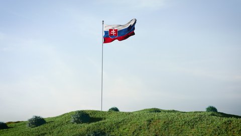 Slovakia, Slovakian flag waving in the wind on a beautiful landscape. Blue sky. 4K HD. Stunning image.