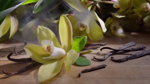 Vanilla orchid flower with vanilla sticks on a vintage wooden table with green leaves in the background. Vanilla gives off a "scent" in the form of small smoke clouds. Slow panoramic camera movement.
