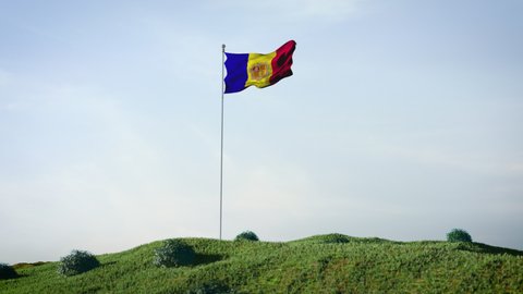 Andorra flag waving in the wind on a beautiful landscape. Blue sky. 4K HD. Stunning image.