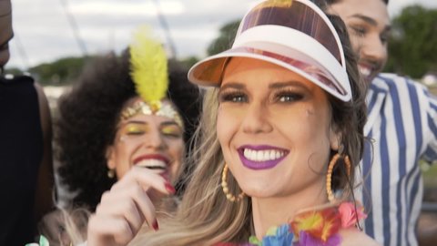 Carnaval Party in Brazil, brazilian woman celebrating fest event in costume