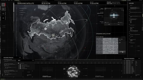 Innovative Digital Planet Interface Connects To Space Spy Satellite Network To Find Airbase In Russia. Territorial Analysis In Futuristic Digital Planet Interface. Digital Planet Scanning Interface