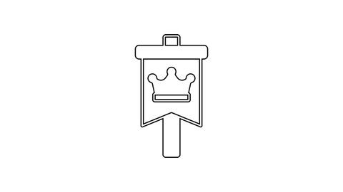 Black line Medieval flag icon isolated on white background. Country, state, or territory ruled by a king or queen. 4K Video motion graphic animation.