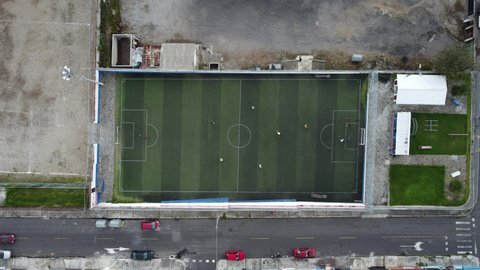 Aerial shot of a small soccer field Quito Ecuador northern sector in 4k ideal for advertising, tourism, academic, sports and urban video projects.