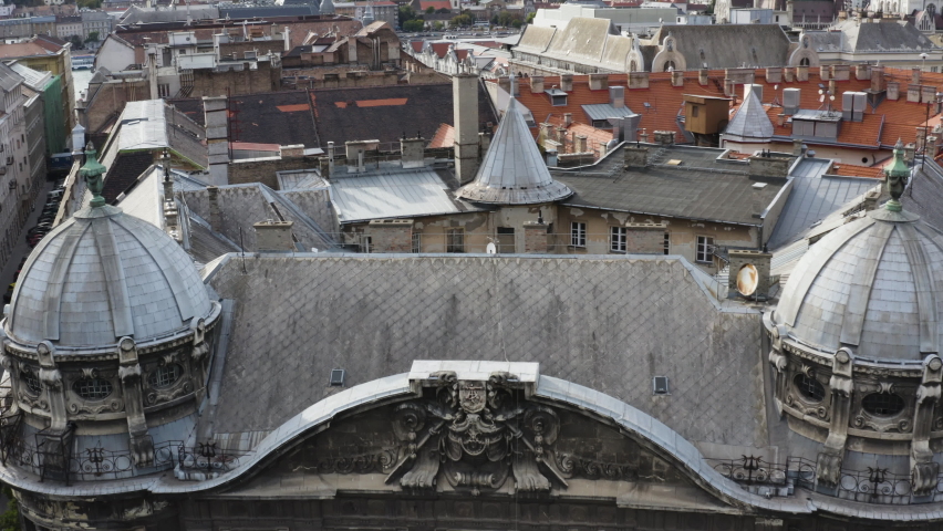 AERIAL - Adria Palance historial landmark in Budapest, Hungary, reverse shot
