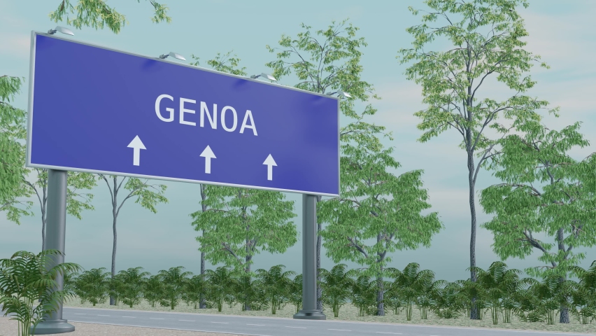 Trucking to Genoa, Italy. Arrival in city with a city direction sign. The concept of transportation of goods, business, and transport. 3D rendering of animation.