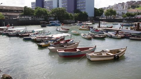 salvador, bahia, brazil - november 8, 2021: Fishing baroques are seen in a port next to Feira de Sao Joaquim in Salvador city.