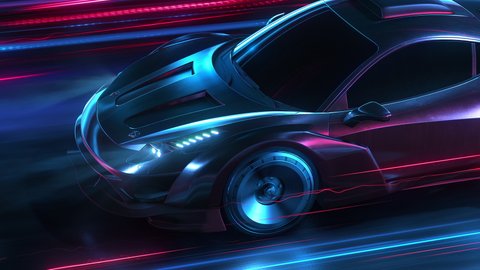 A Dark Sports Car Driving Fast on Highway With lights trails and Reflects. 3D animation shot