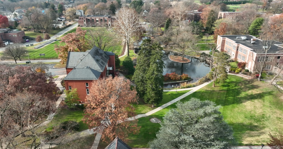 Aerial establishing shot of large museum and beautiful lake on university campus in USA.