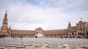 Seville, Spain- December 27th, 2021: A 4k long exposure time-lapse of Plaza De España.