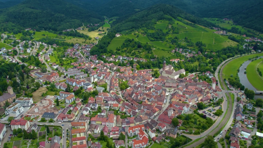Aerial view of the old town of Gengenbach in Germany  on a cloudy day in summer. 