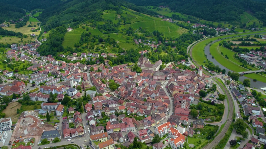 Aerial view arounde the old town of Gengenbach in Germany  on am overcast day in summer. 