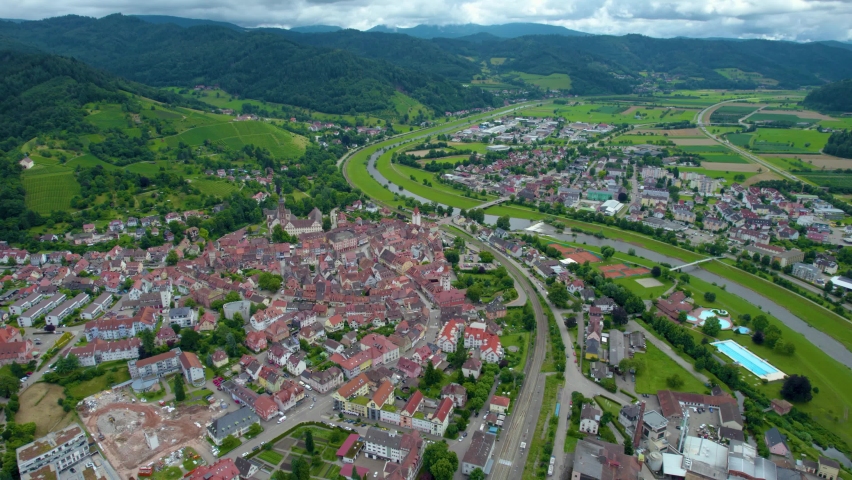 Aerial view arounde the old town of Gengenbach in Germany  on am overcast day in summer. 