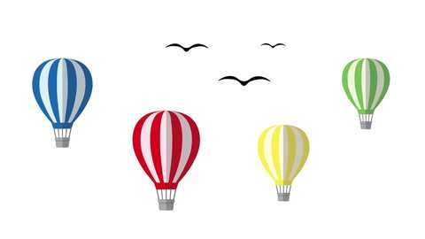 Flying Colorful Hot Air Balloons Animations Isolated on white Background. Birds Silhouette. Isolated colorful hot air balloons on white background. Eco Friendly transportation for clean environment.