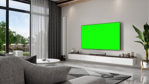 3d Rendering of Modern Living Room Interior With Television Set, Sofa, Coffee Table And Garden View From The Window