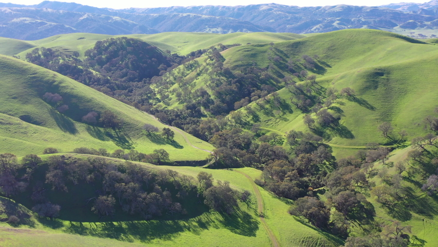 Green grass covers the rolling hills and valleys of the tri-valley area of Northern California, just east of San Francisco Bay. This beautiful region is known for its many vineyards and open space. Royalty-Free Stock Footage #1084557775