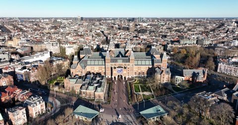 Amsterdam, 25th of December 2021, The Netherlands. Aerial drone view of the Rijksmuseum national museum in the capital of Amsterdam touristic attraction in Holland.