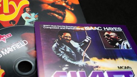 Rome, Italy - July 18, 2019: Covers and CDs of two ost Blaxploitation: SHAFT and SUPER FLY. The first won the Academy Award for Best Original Song