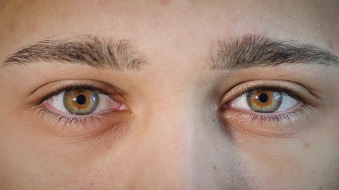 Macro close up of man's face opening beautiful blue and brown hazel eyes. Young Arab male model with natural central heterochromia and different eye colors waking up and looking at camera. 4K.