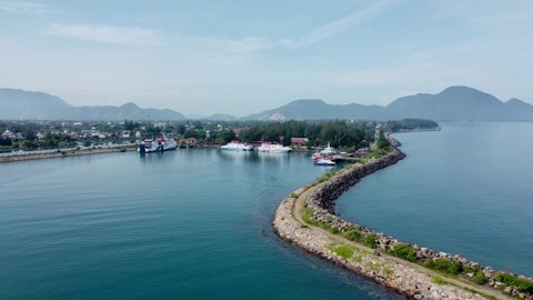 BANDA ACEH, INDONESIA - OCTOBER 17, 2021: Aerial view of Ulee Lheue harbor, Aceh, Indonesia.