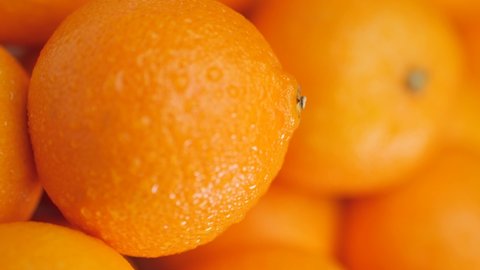 Tangerines vertical video. Camera moves slowly among beautiful fresh juicy tangerines. Close-up