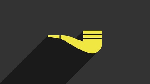 Yellow Smoking pipe with smoke icon isolated on grey background. Tobacco pipe. 4K Video motion graphic animation.