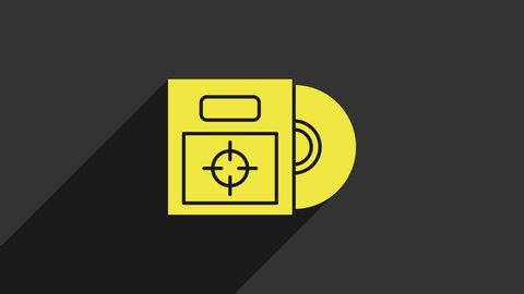 Yellow CD or DVD disk in box icon isolated on grey background. Compact disc sign. 4K Video motion graphic animation.