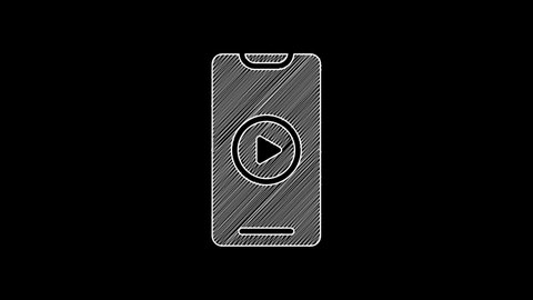 White line Online play video icon isolated on black background. Smartphone and film strip with play sign. 4K Video motion graphic animation.