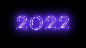 Happy New Year. Violet neon light background, glowing flashing 2022 neon text background.