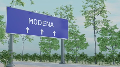 Trucking to Modena, Italy. Arrival in city with a city direction sign. The concept of transportation of goods, business, and transport. 3D rendering of animation.