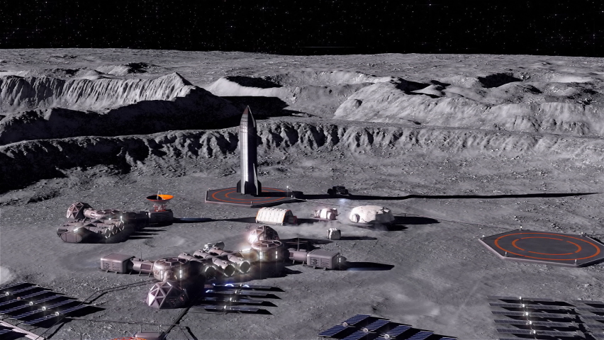 Moon base. Development of the surface of the moon, construction of the base. Colonization of the planet. 3D rendering. Royalty-Free Stock Footage #1084578922